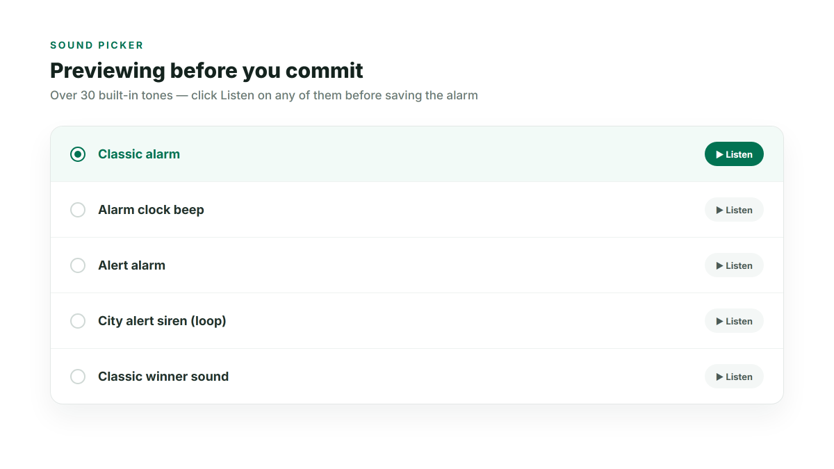 Example sound picker list with a Listen button next to each alarm tone, one tone selected