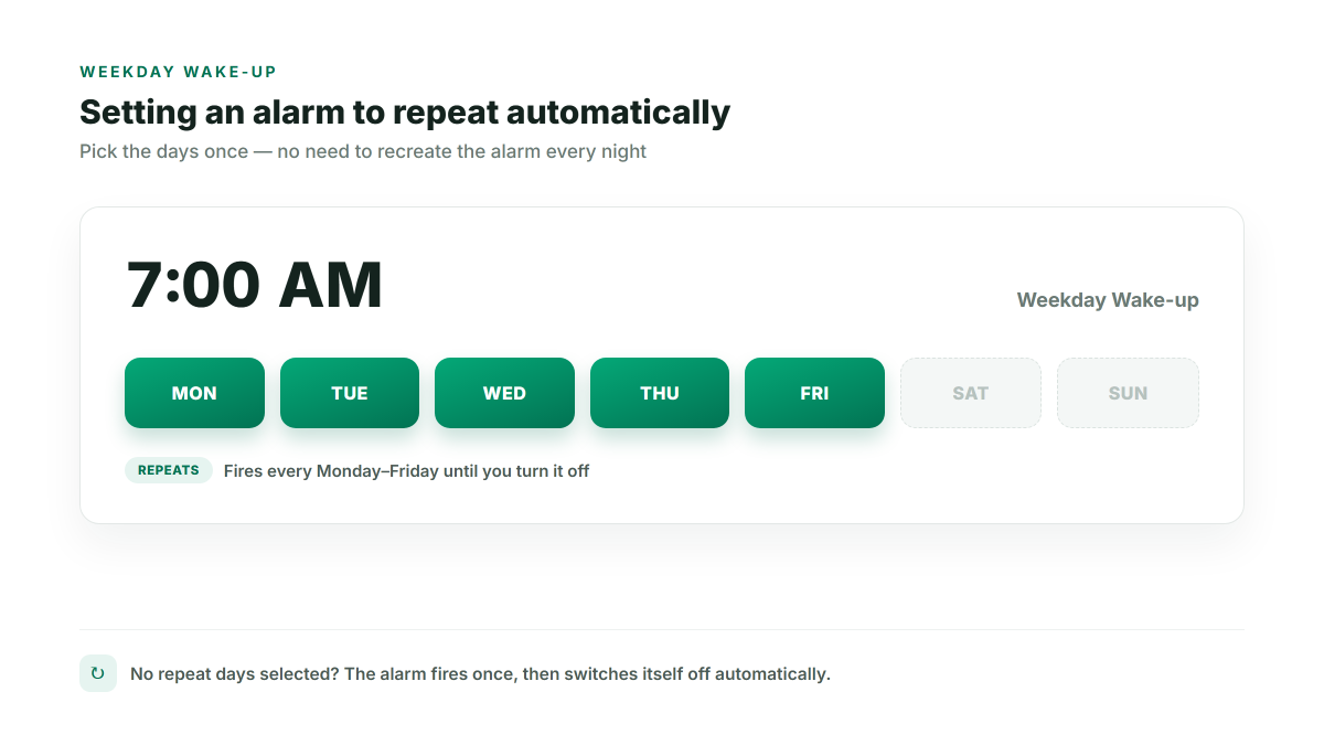 Example alarm set for 7:00 AM with Monday through Friday selected as repeat days